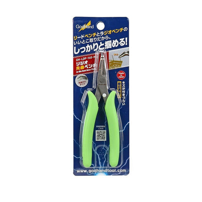 GodHand Le-Dio Bent Nose Pliers with lime green handles, packaged on a blue card