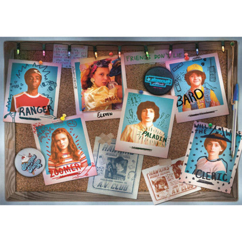 Clementoni Stranger Things 1000-piece puzzle featuring character photos pinned to a corkboard