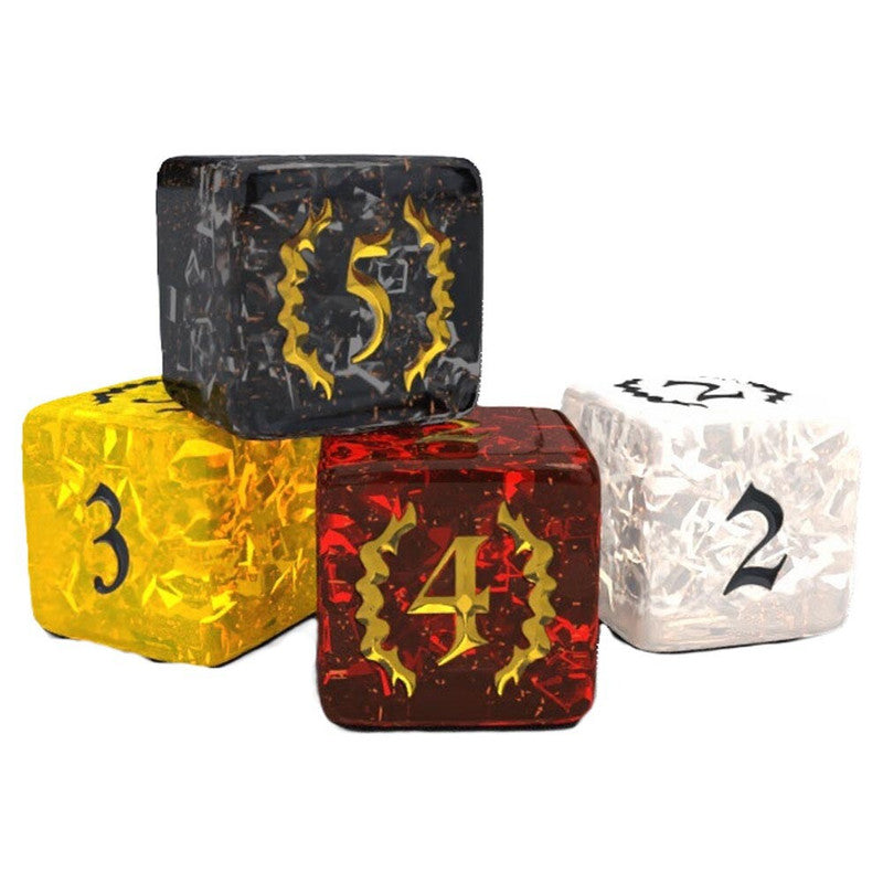 Four large dice in black, yellow, red and white with etched gold and black numbers