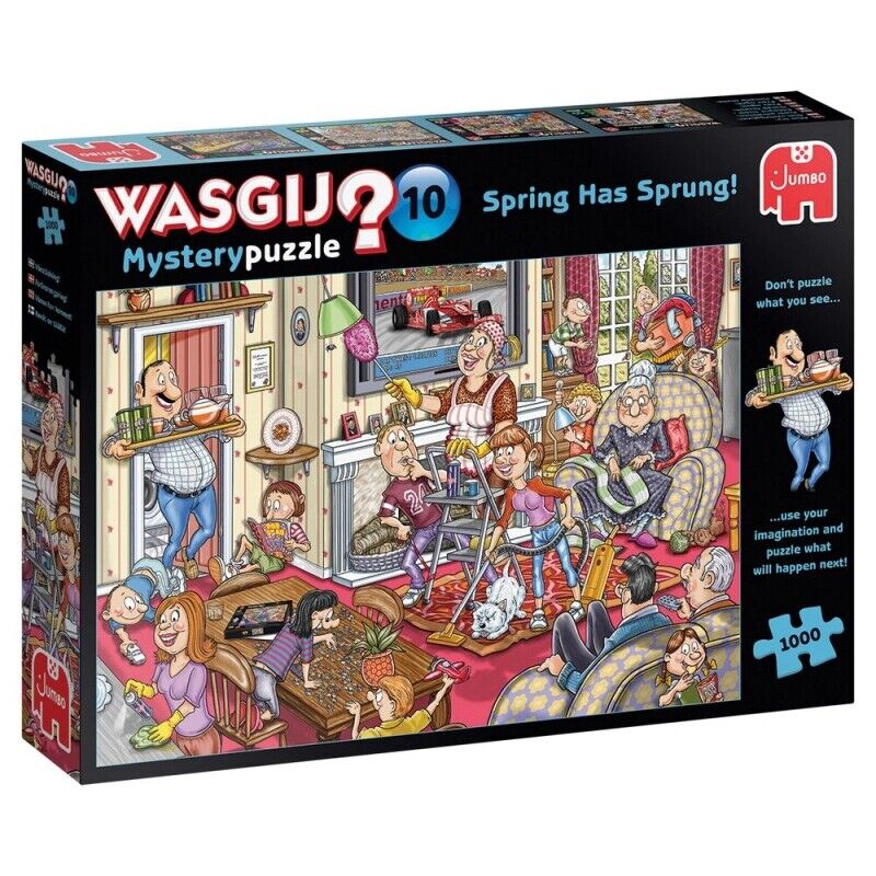 Wasgij 10 Spring Has Sprung 1000-piece Mystery puzzle showing a chaotic family living room