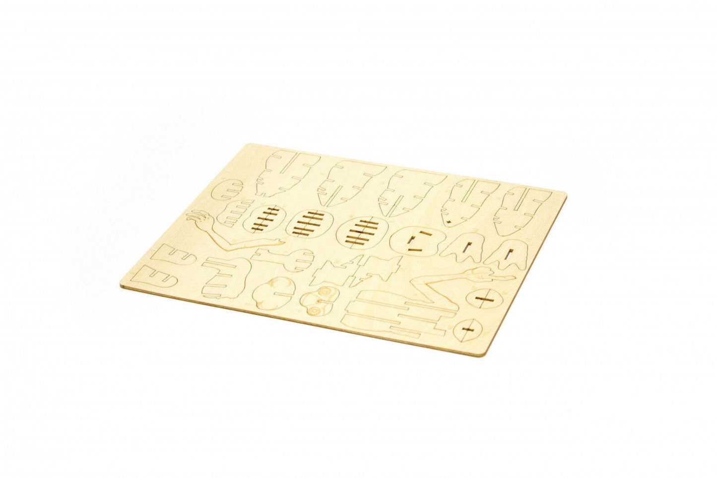 Light brown wooden sheet with laser-cut pieces for an ET the Extra-Terrestrial 3D wood model kit
