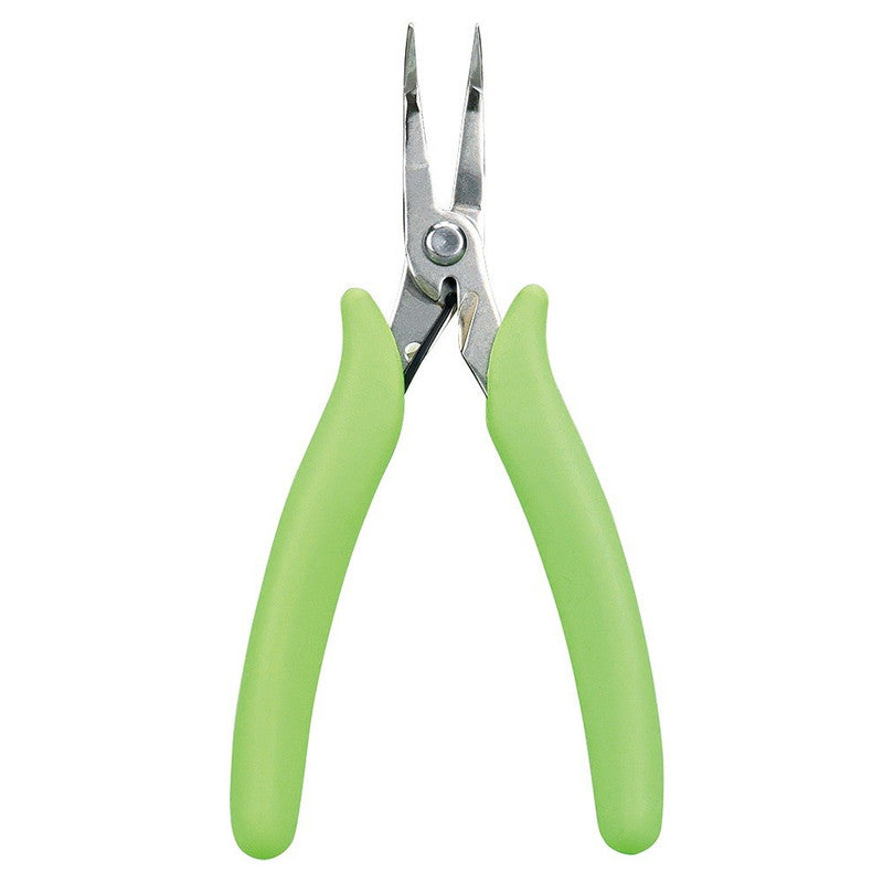 Precision bent nose pliers with vibrant green handles and long, fine silver tips