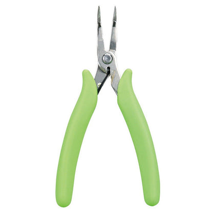 Precision bent nose pliers with vibrant green handles and long, fine silver tips