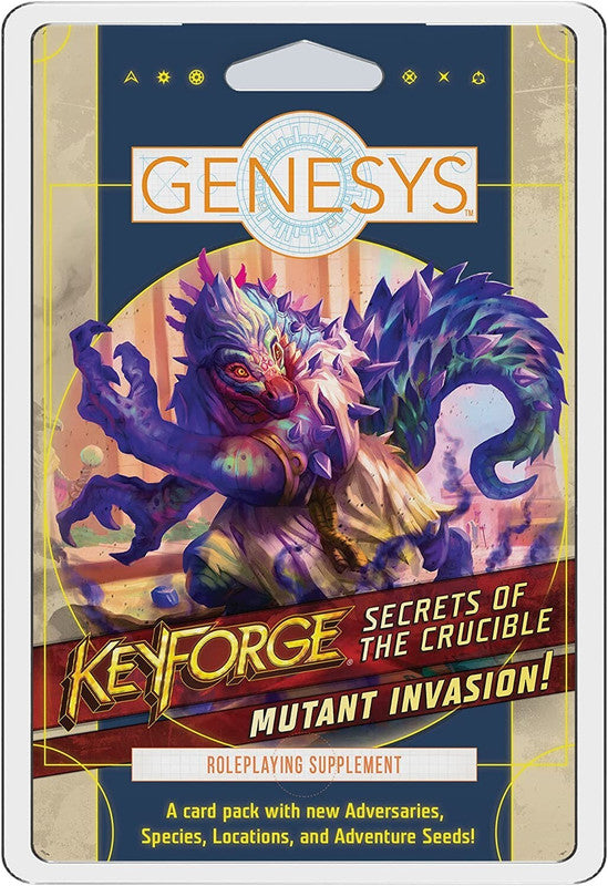 KeyForge Secrets of the Crucible Mutant Invasion Genesys Roleplaying Supplement card pack featuring a vibrant mutant creature