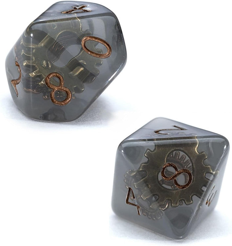 Two smoky gray d10s with embedded brass gears and copper numbers, in a steampunk style