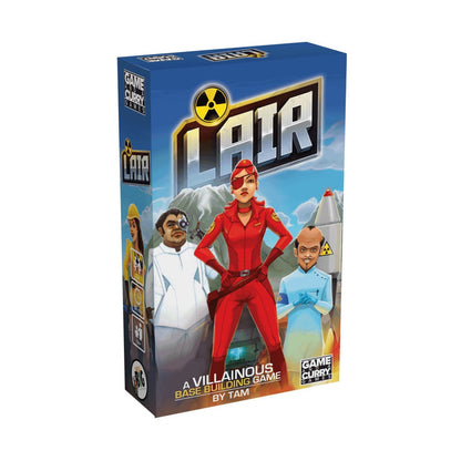 Game box for Lair A Villainous Base Building Game featuring a villainous woman in red with an eye patch a man with a cybernetic eye and a bald man with a mustache