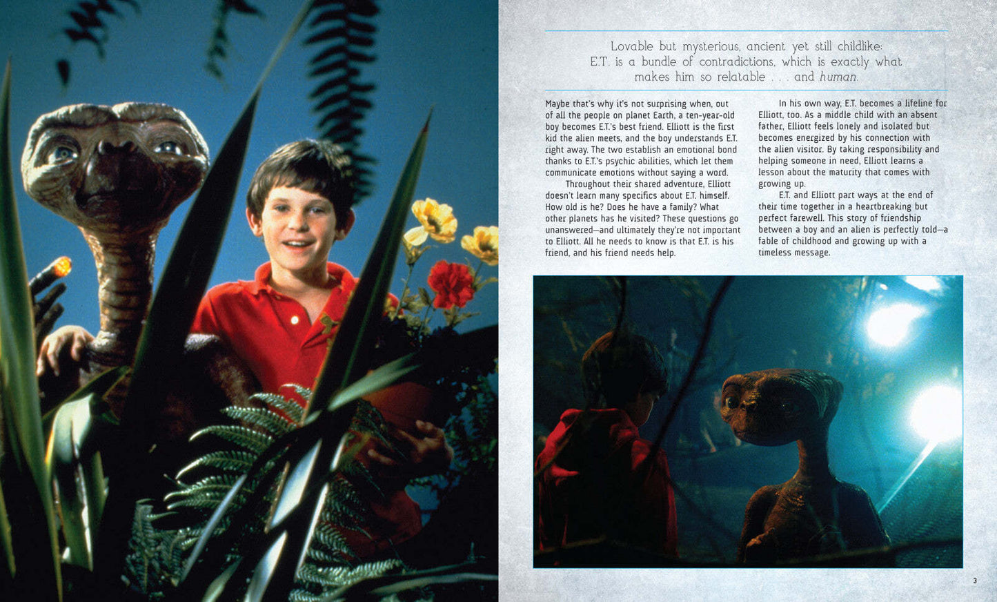 ET the Extra-Terrestrial and Elliott in a lush green environment with the movie book detailing their story