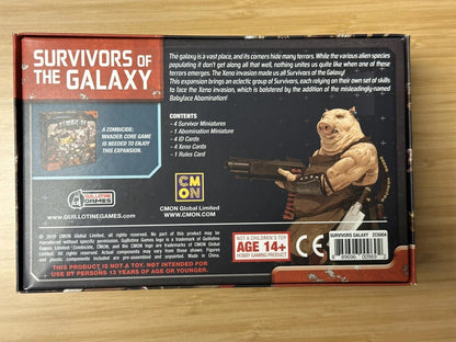 Back of "Survivors of the Galaxy" game box - a muscular, anthropomorphic pig alien holds a large futuristic shotgun