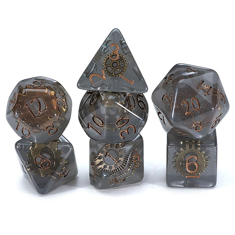 Seven translucent Transparent Smoke Resin/Bronze polyhedral dice with embedded brass gears and copper-colored numbers, suitable for tabletop RPGs