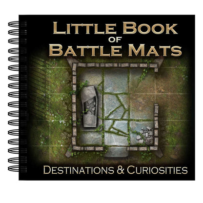 Spiral-bound "Little Book of Battle Mats" cover showing an overgrown stone ruin battle map with a broken coffin.