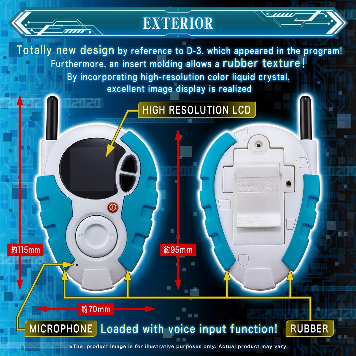 Front and back views of a white and turquoise handheld digital device (Digivice D-3 style), features an LCD screen, antenna, microphone, and dimensions