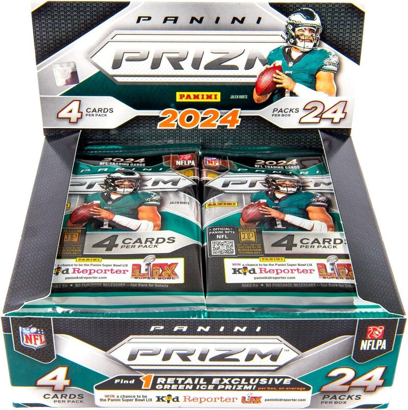 2024 Panini Prizm Football NFL trading card box with 24 packs and 4 cards per pack featuring Jalen Hurts