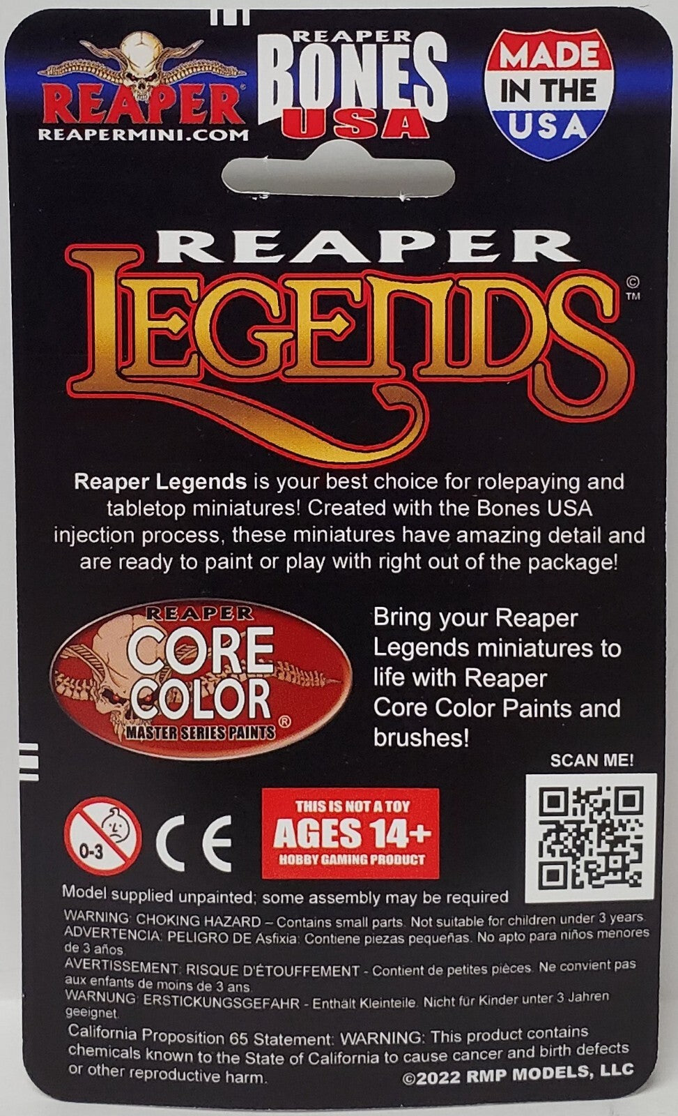 Reaper Legends miniature packaging back, showing Bones USA logo, Core Colour paints info, and Ages 14+ hobby warning