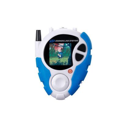 Digimon D-Scanner toy, white and blue, showing Veemon on the screen