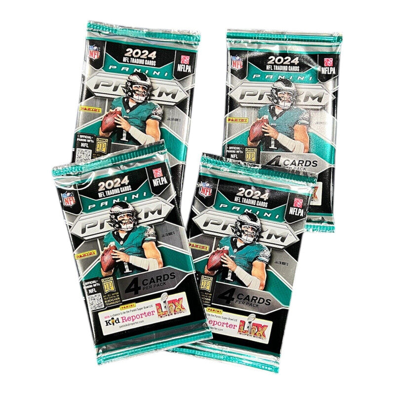 Stack of four Panini 2024 Prizm NFL trading card packs featuring Jalen Hurts of the Philadelphia Eagles