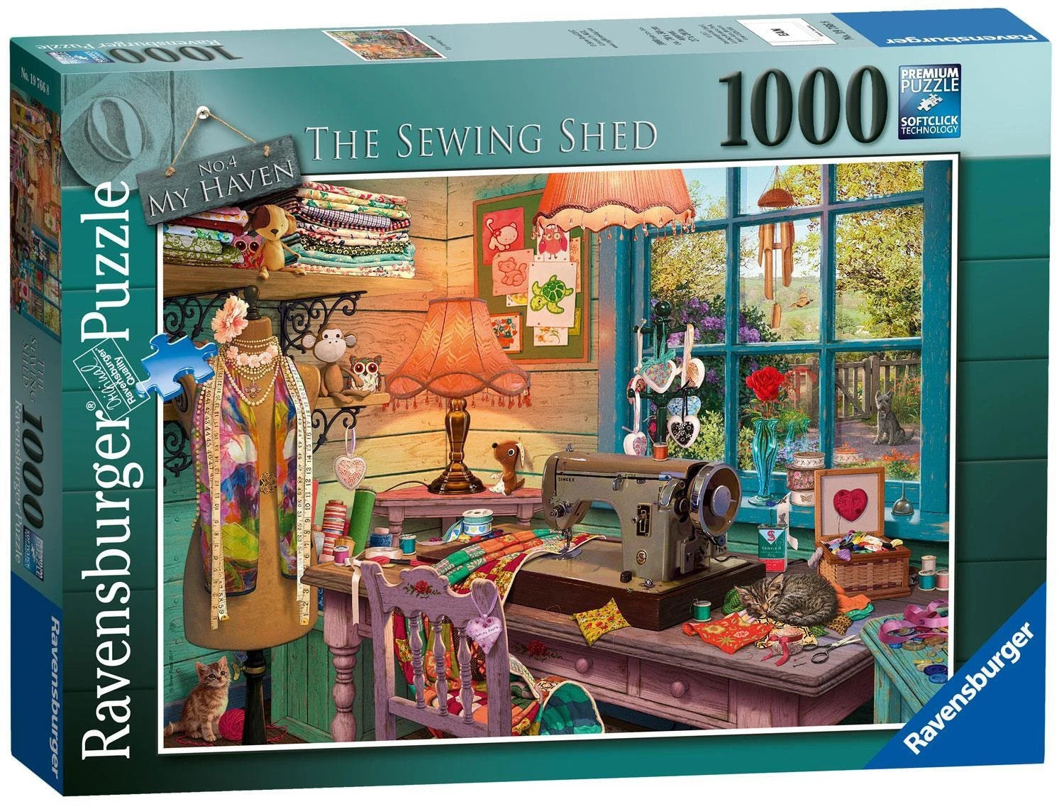 Detailed illustration of a cozy sewing shed featuring a vintage machine, dress form, crafting supplies, and a cat