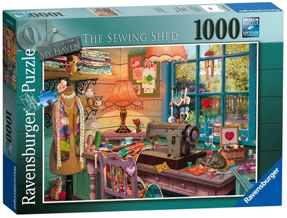 Detailed illustration of a cozy sewing shed featuring a vintage machine, dress form, crafting supplies, and a cat