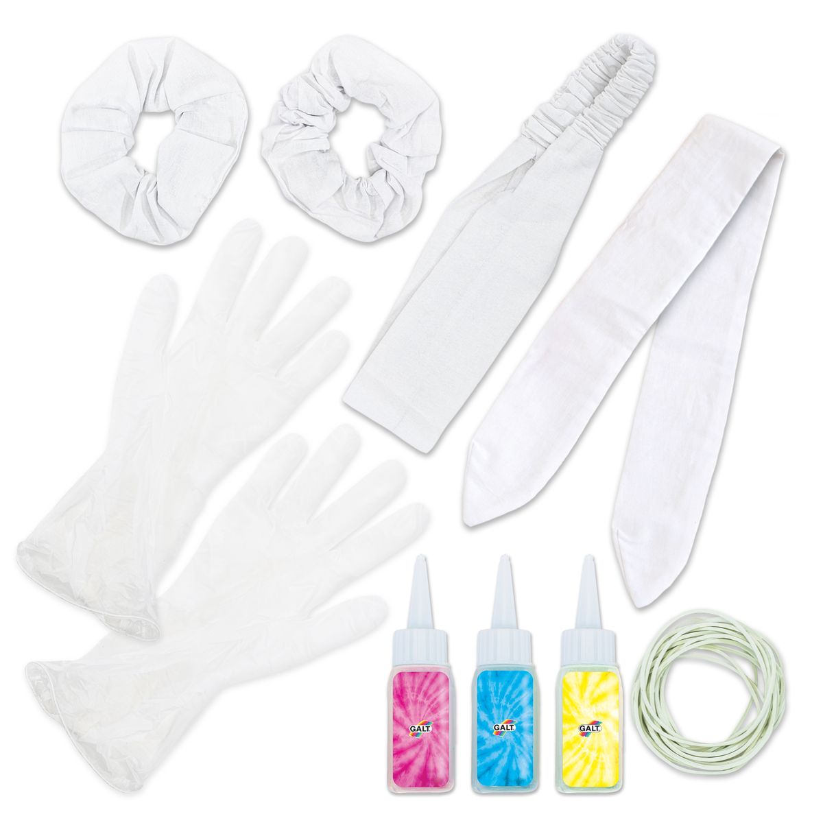 Tie-dye kit: white fabric accessories (scrunchies, headband), three dye bottles, gloves and rubber bands