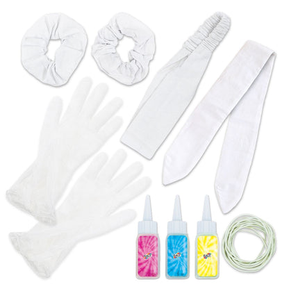 Tie-dye kit: white fabric accessories (scrunchies, headband), three dye bottles, gloves and rubber bands