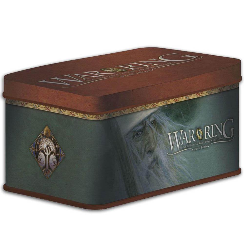 War of the Ring Second Edition board game tin, with Gandalf&#39;s face and the White Tree of Gondor emblem