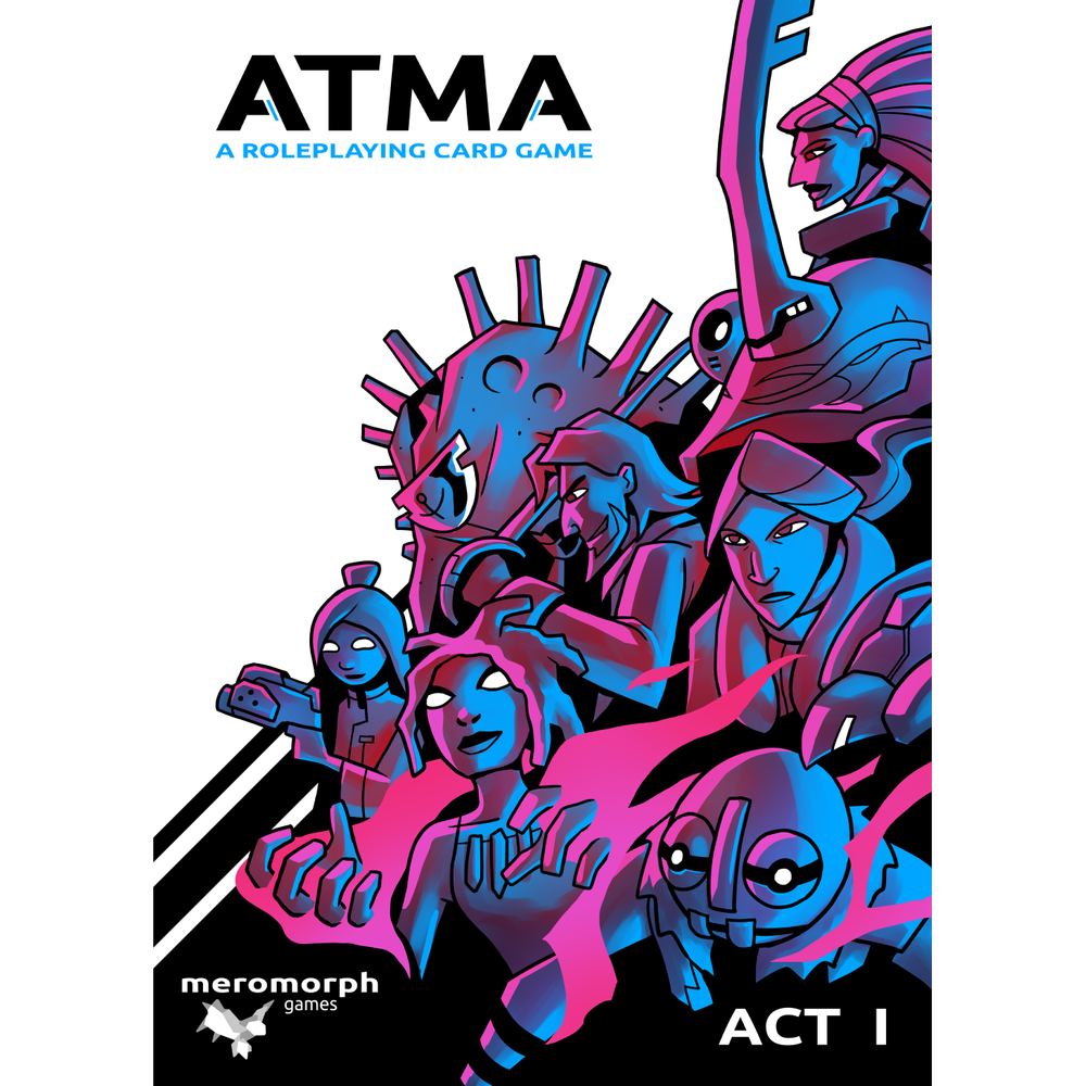 ATMA: A Roleplaying Card Game cover art featuring diverse stylized characters in vibrant pink and blue duotone