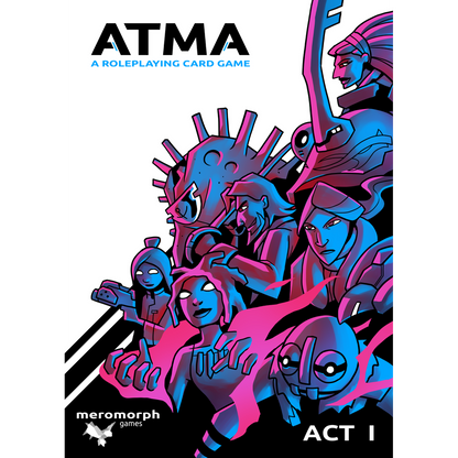 ATMA: A Roleplaying Card Game cover art featuring diverse stylized characters in vibrant pink and blue duotone