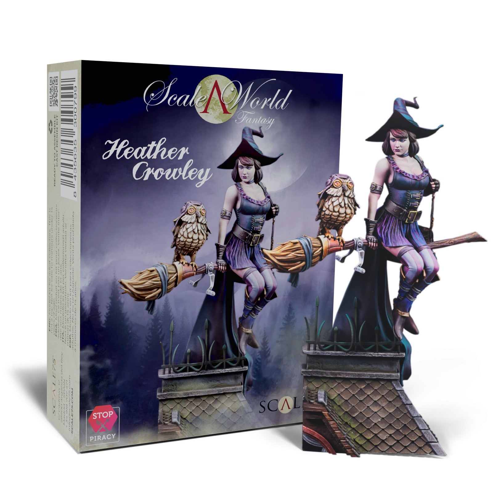 Fantasy miniature of a witch on a broomstick with two owls, next to its "Heather Crowley" product box.