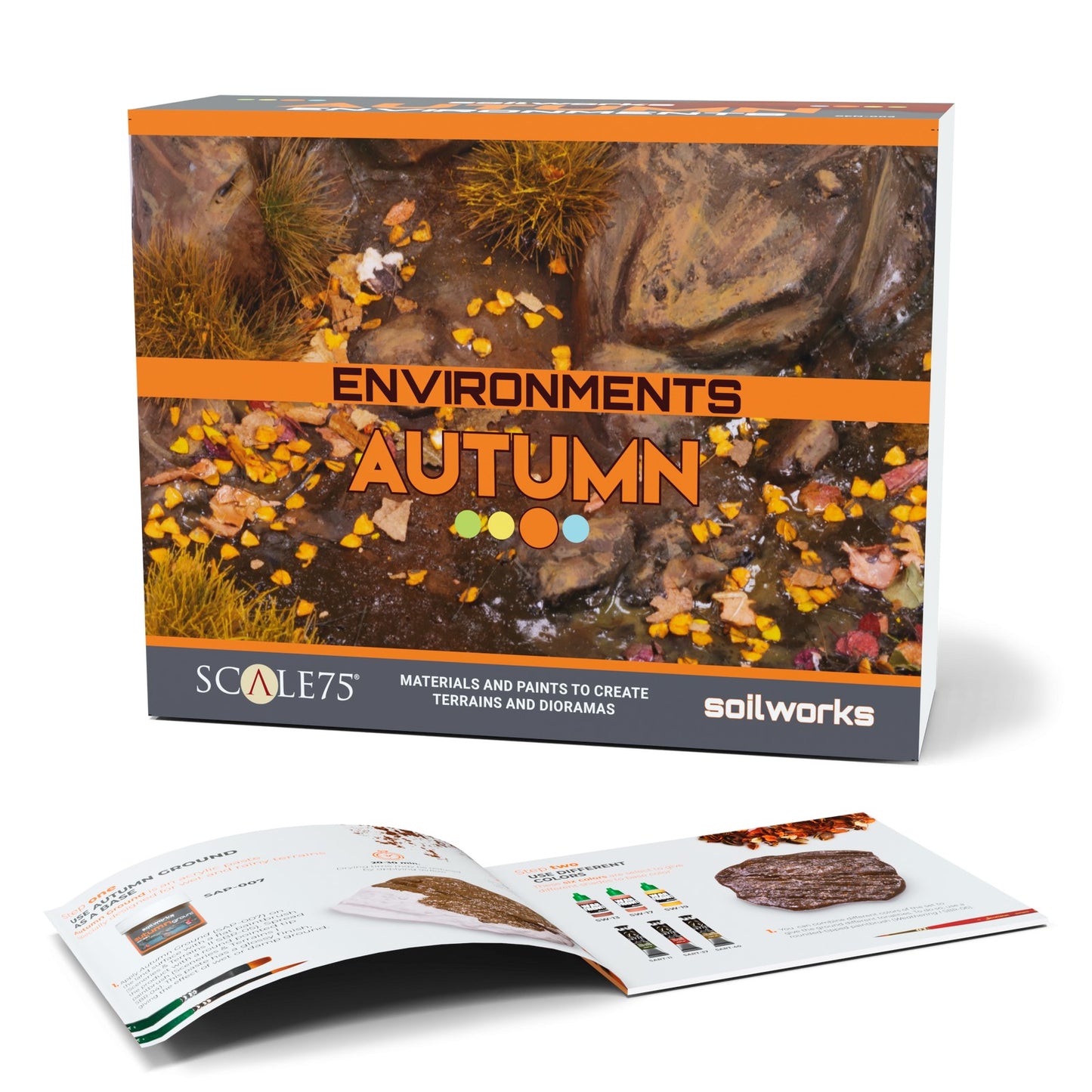 Scale75 Soilworks Autumn diorama kit box, showing muddy ground with fall leaves and an open instruction guide.