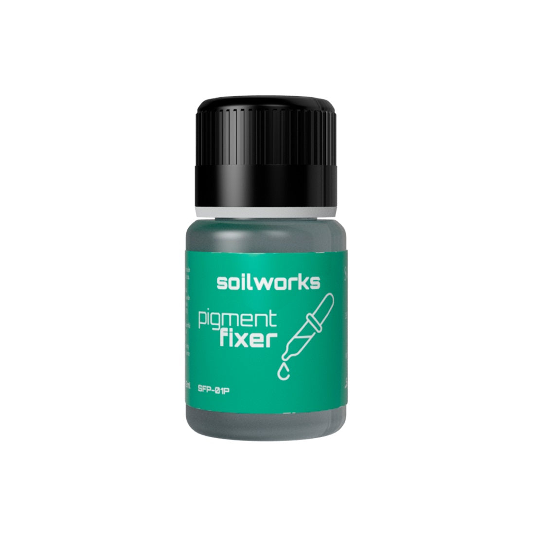 A grey Soilworks pigment fixer bottle with a green label featuring a dropper icon and black cap.
