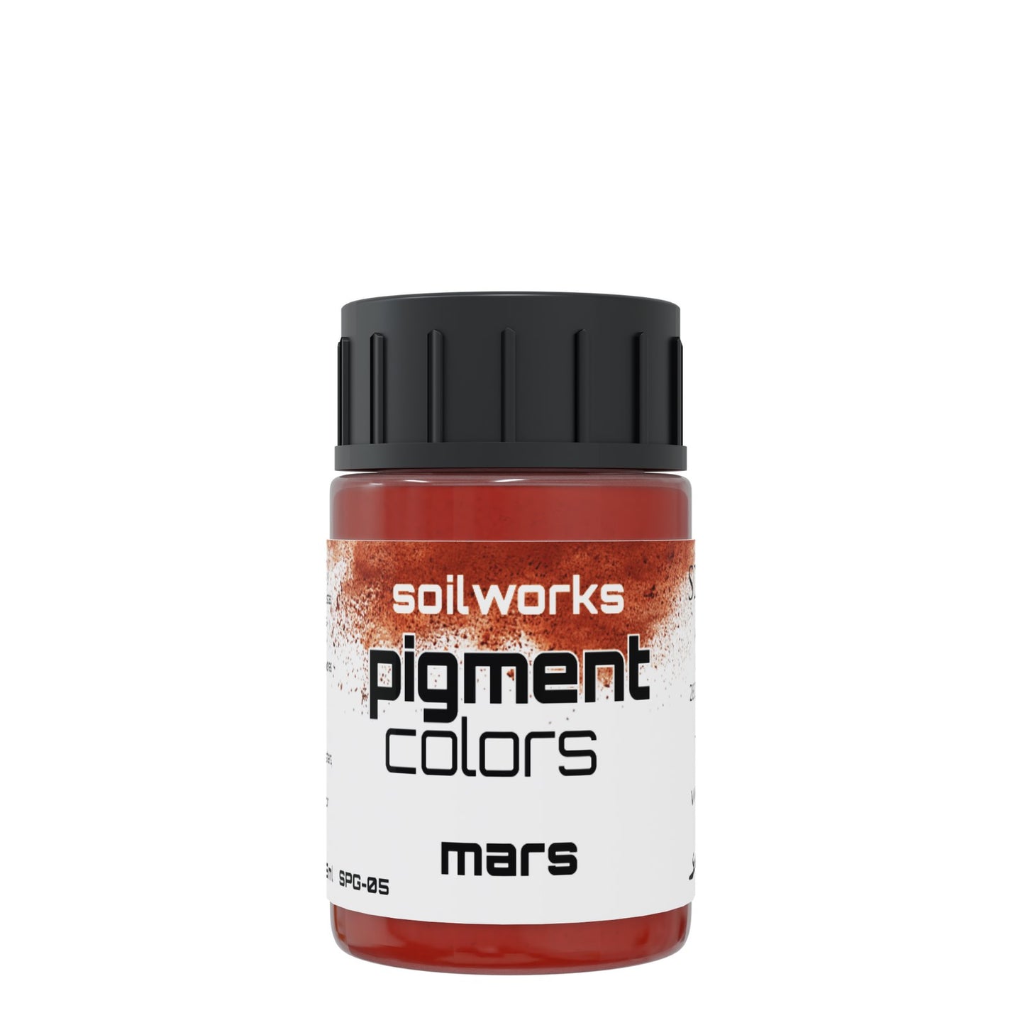 A clear 35ml Scale 75 Soilworks Pigments Mars jar with a black ribbed cap and a white label featuring soilworks pigment colors mars and a reddish-brown textured design