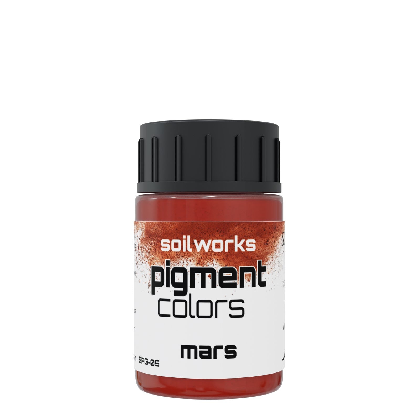A clear 35ml Scale 75 Soilworks Pigments Mars jar with a black ribbed cap and a white label featuring soilworks pigment colors mars and a reddish-brown textured design