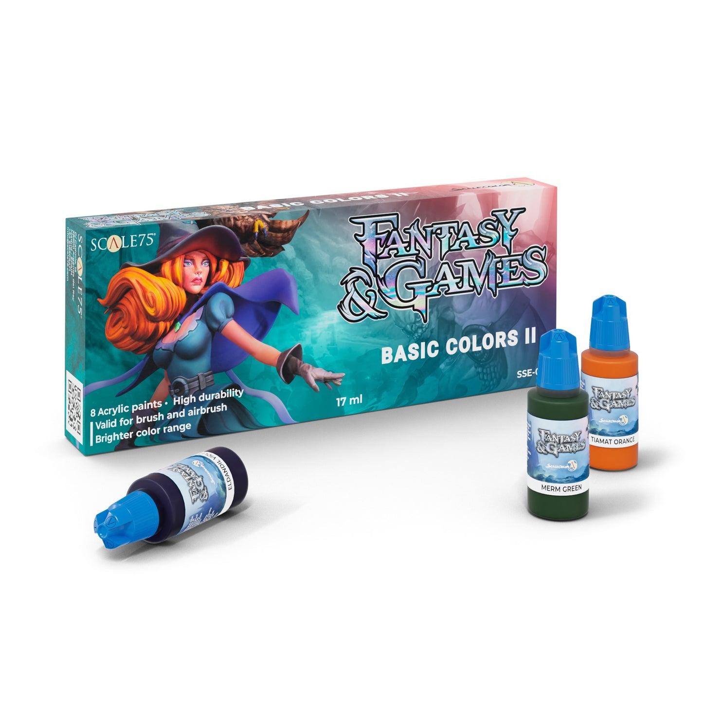 Scale75 Fantasy & Games Basic Colors II acrylic paint set box with a female wizard, plus three bottles