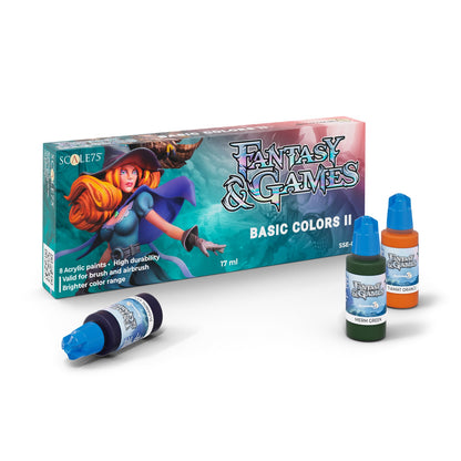 Scale75 Fantasy & Games Basic Colors II acrylic paint set box with a female wizard, plus three bottles