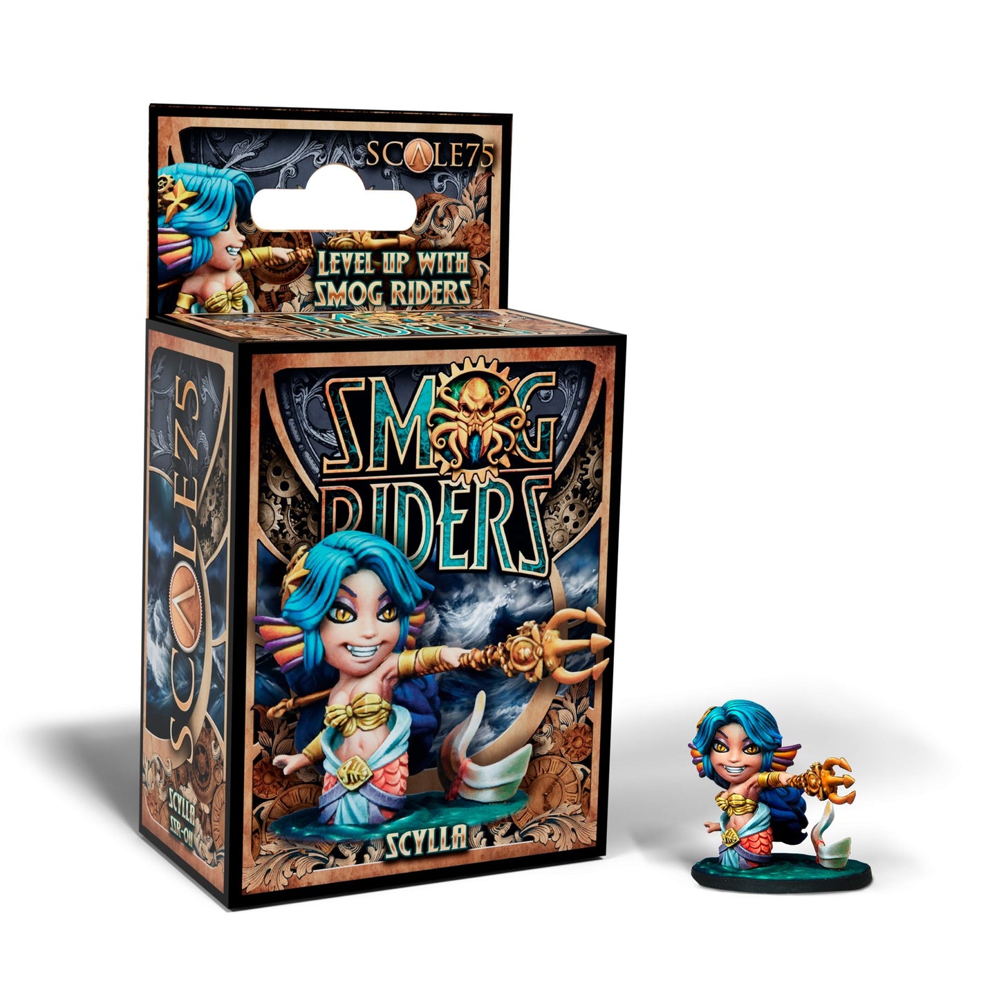 A 35mm Scale 75 The Smog Riders Scylla Figure, a blue-haired mermaid with a trident, displayed alongside its steampunk-themed product box