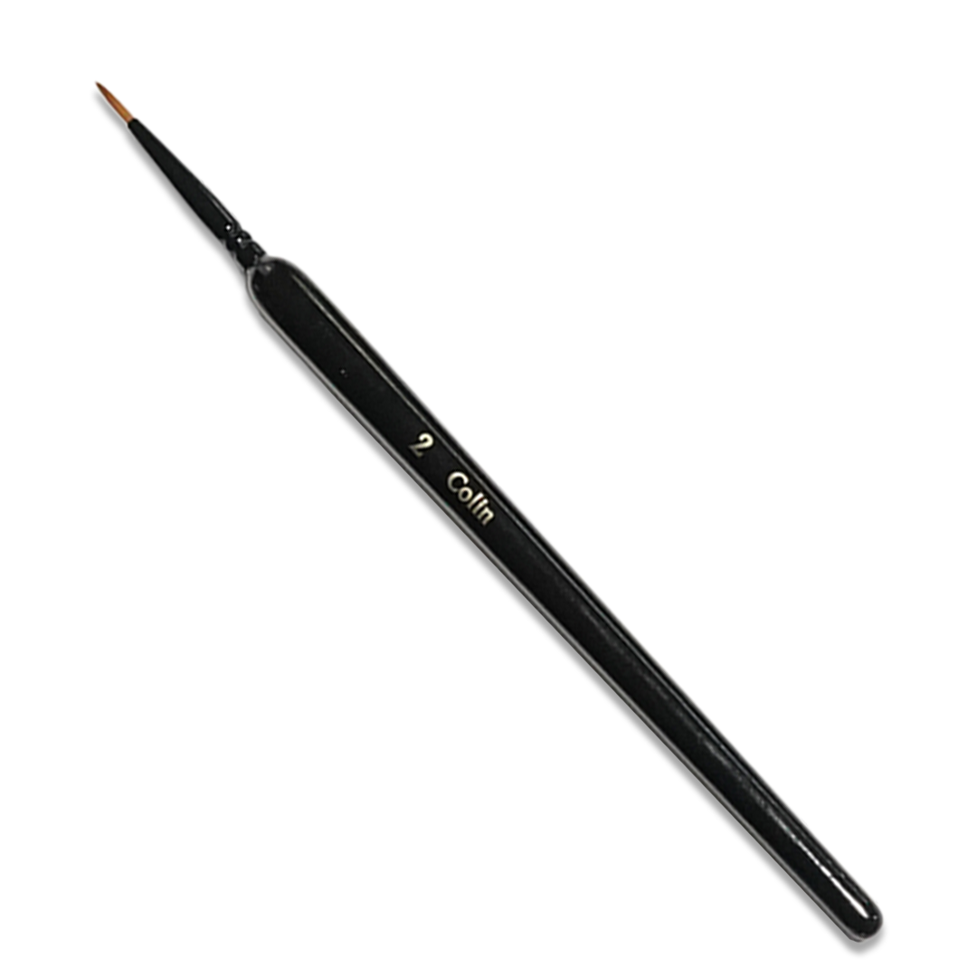 A black size 2 Colfin fine-tip art brush with brown bristles, angled on a white background