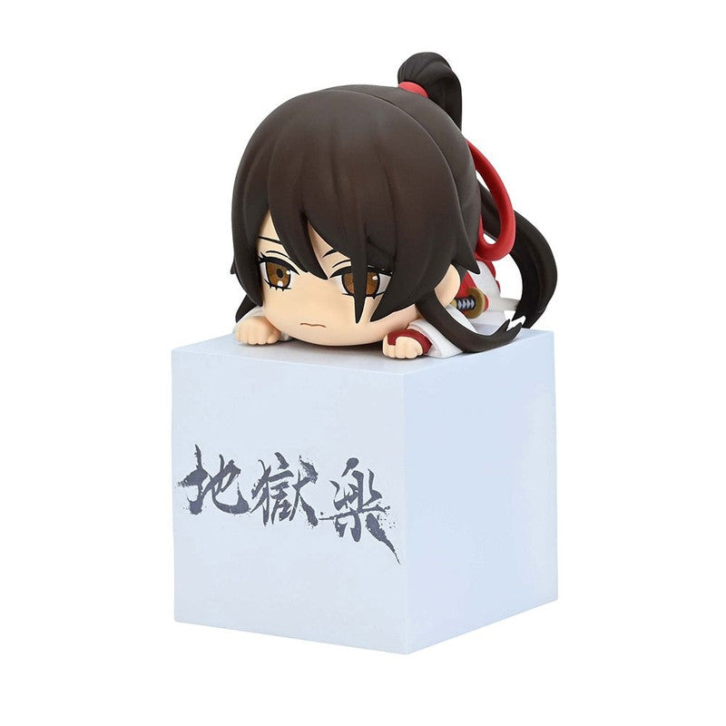 Chibi figure of Sagiri from Hell's Paradise in white and red outfit on a cube with Japanese writing