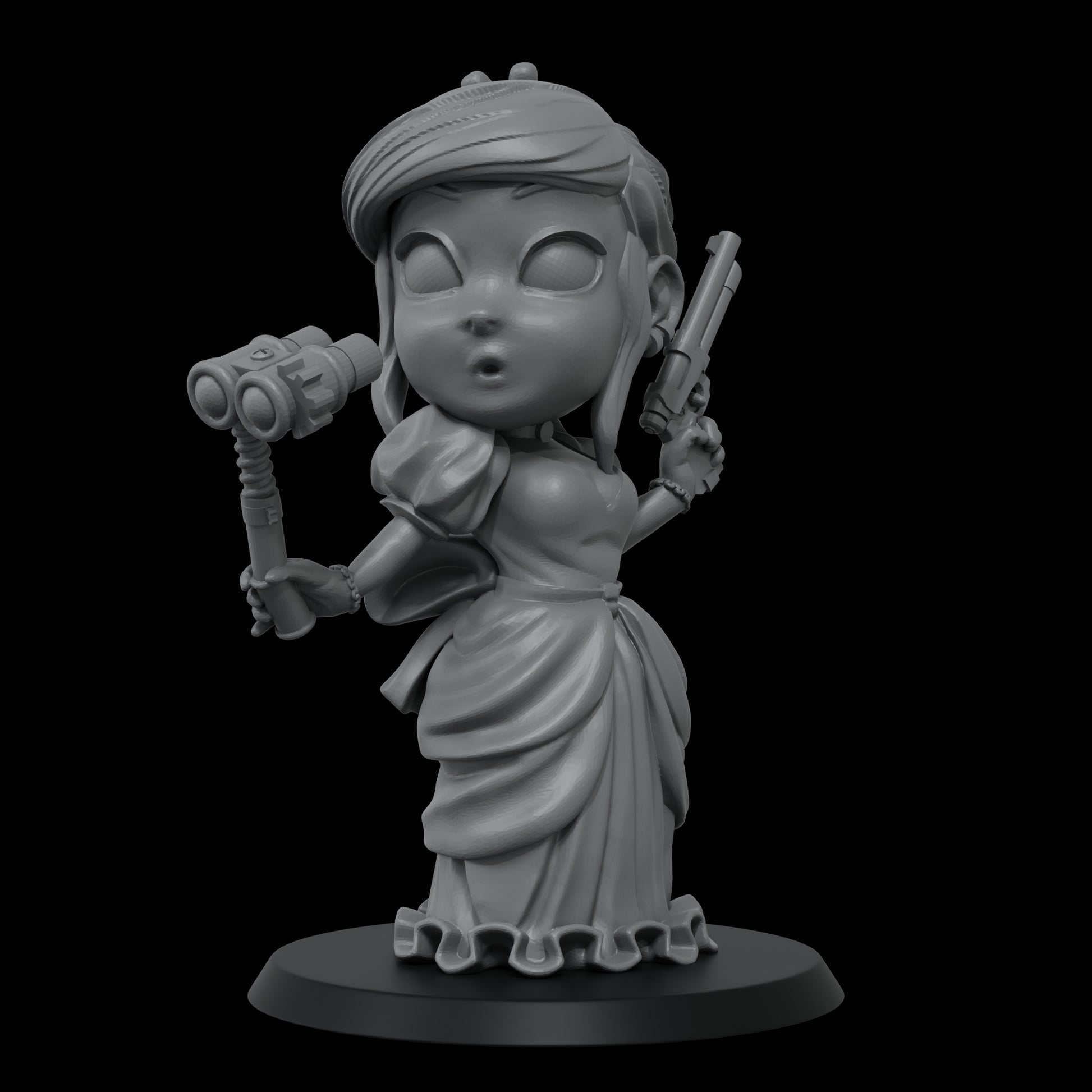 Gray 3D model of a stylized woman in a dress, holding binoculars in one hand and a pistol in the other.