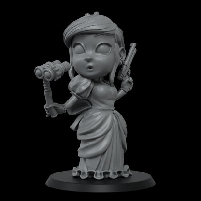 Gray 3D model of a stylized woman in a dress, holding binoculars in one hand and a pistol in the other.