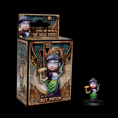 A wide-eyed Sally Watson steampunk miniature figurine holding a bladed tool and pistol, displayed next to its ornate box.