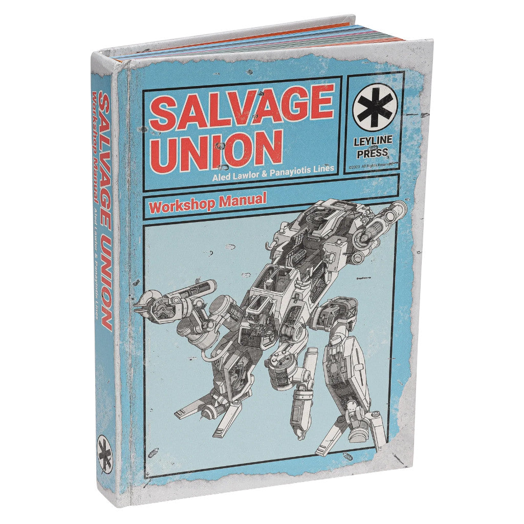 Salvage Union Workshop Manual book. Distressed blue cover features text and a detailed schematic drawing of a large mechanical walker