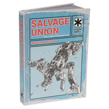 Salvage Union Workshop Manual book. Distressed blue cover features text and a detailed schematic drawing of a large mechanical walker