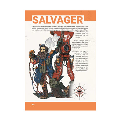 Illustration of a bearded Salvager mechanic holding tools next to a steaming, red, industrial mech-suit