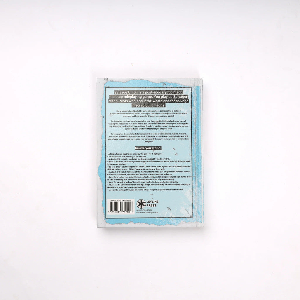 Back cover of the Salvage Union RPG rulebook. Text describes the post-apocalyptic game about mech pilots scavenging