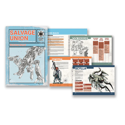 Salvage Union tabletop RPG rulebook and supplements, showing mech illustrations (Colossus, Scylla) and game stats