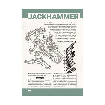 Line art diagram of the Jackhammer industrial Mech, featuring large tracks, articulated arms, and a circular cutting wheel