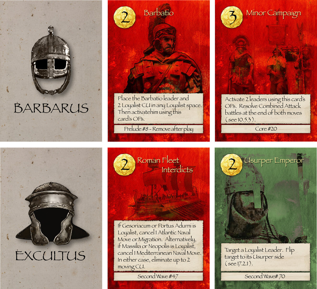 Six game cards from Barbarians at the Gates, featuring two helmet images and four cards depicting Roman leaders, ships, and a helmet, all with game text