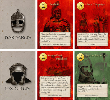 Six game cards from Barbarians at the Gates, featuring two helmet images and four cards depicting Roman leaders, ships, and a helmet, all with game text
