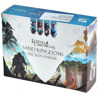 Box for Eldfall Chronicles Sand Kingdoms Faction Starter, with fantasy art of characters, desert, and ruins