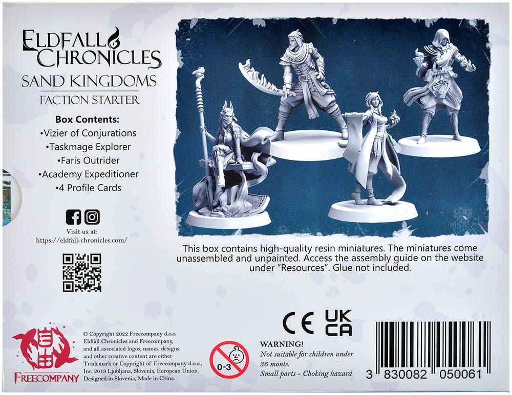 Back cover of Eldfall Chronicles: Sand Kingdoms box, featuring four unpainted resin fantasy miniatures ready for assembly