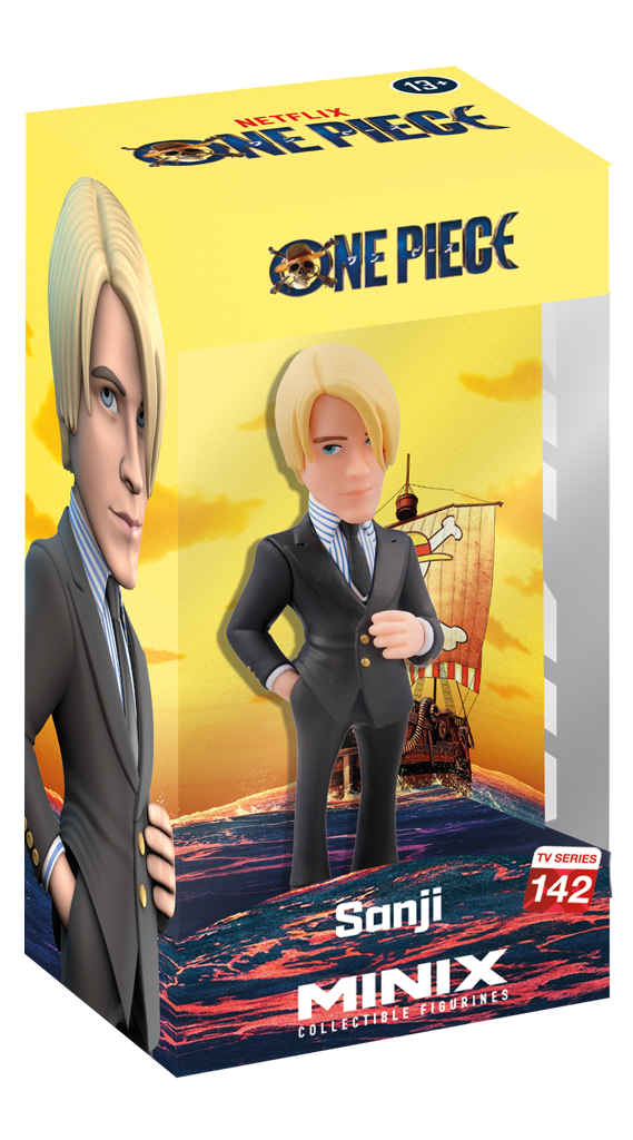 Sanji figure front view in black suit with yellow hair